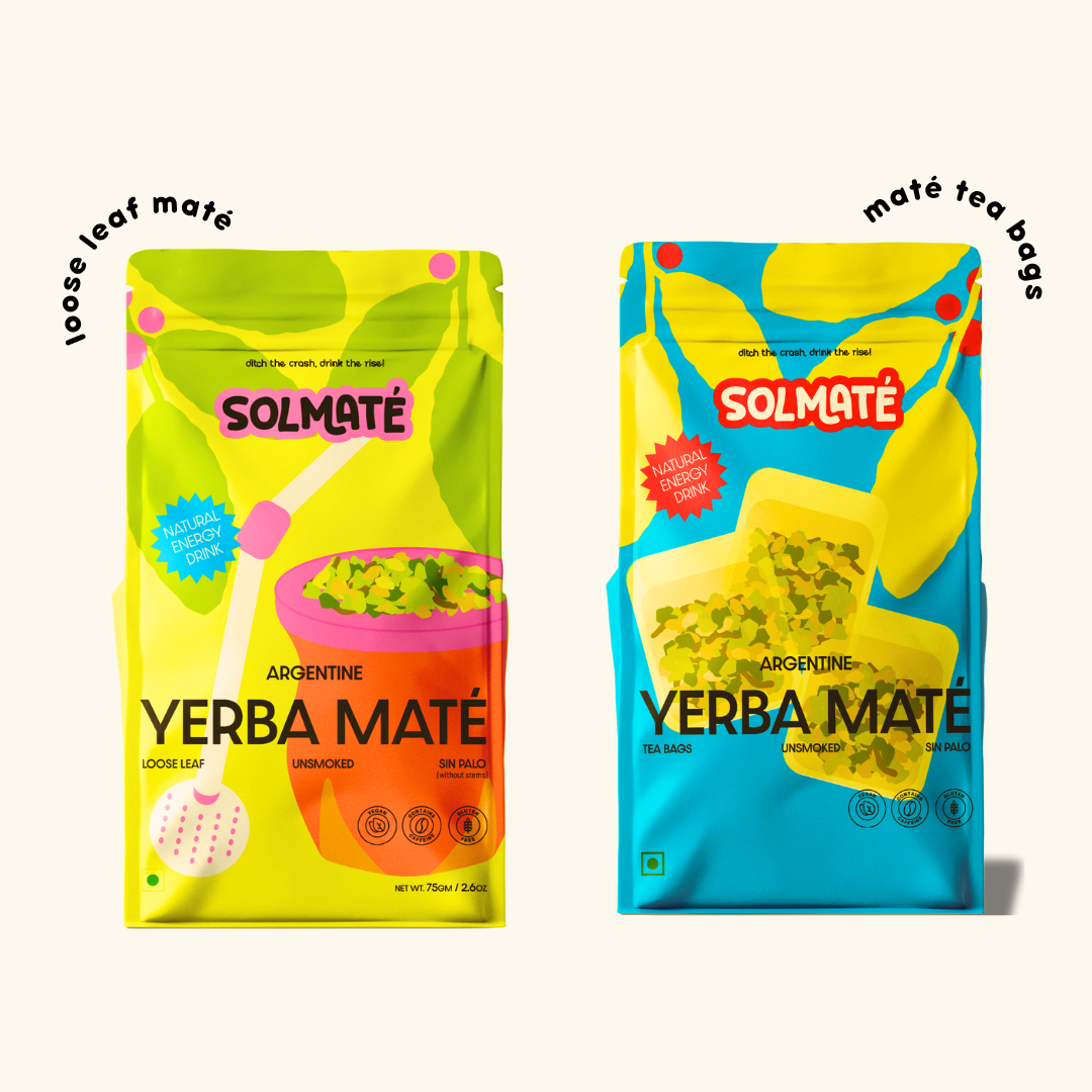 Two packages of Solmate yerba mate and verba mate on a yellow background