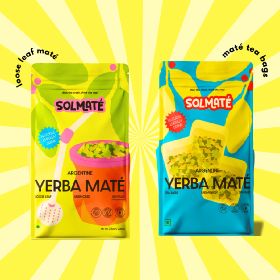 Two packages of Solmate yerba mate and verba mate on a yellow background