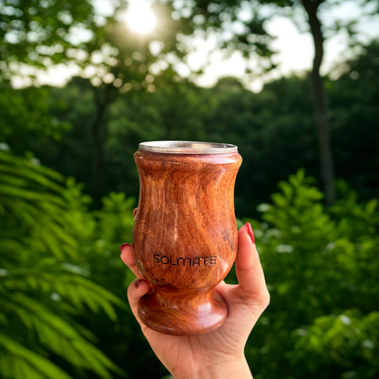 Wooden calabash with stainless steel interior, easy to clean mate gourd, 150 ml capacity, collectible, smooth to touch with beeswax non toxic food safe polish on the outside. Made of solid wood, can be displayed as a collectible, Yerba Mate Gourd calabash perfect for a premium yerba mate experience or as a gift.