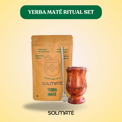 This set includes a pack of yerba mate, sheesham wood artisanal double walled gourd and a stainless steel bombilla, this set is perfect for gifting and is perfect for a yerba mate beginner. Since yerba mate is new in India, you can simply buy this set and start your yerba mate experience. The one stop yerba mate experience needs met by this SOLMATÉ Yerba Mate ritual Set. The gourd is made of Solid Sheesham wood which is sturdy and durable, polished with organic beeswax